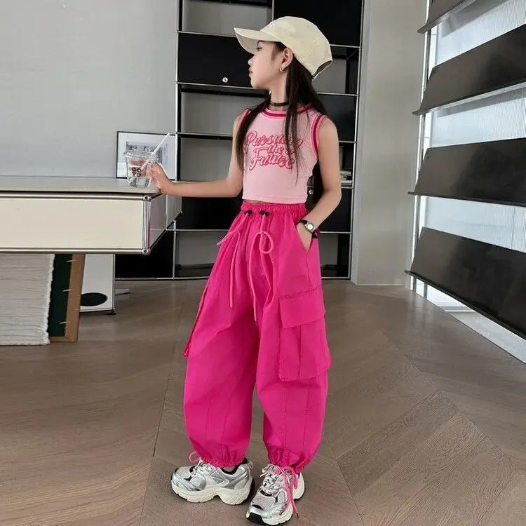 5-14Y Kids Hip Hop Joggers Pants Girls Cargo Pants Teenage Straight Trousers High Waist Vintage Casual Streetwear Baggy Pants