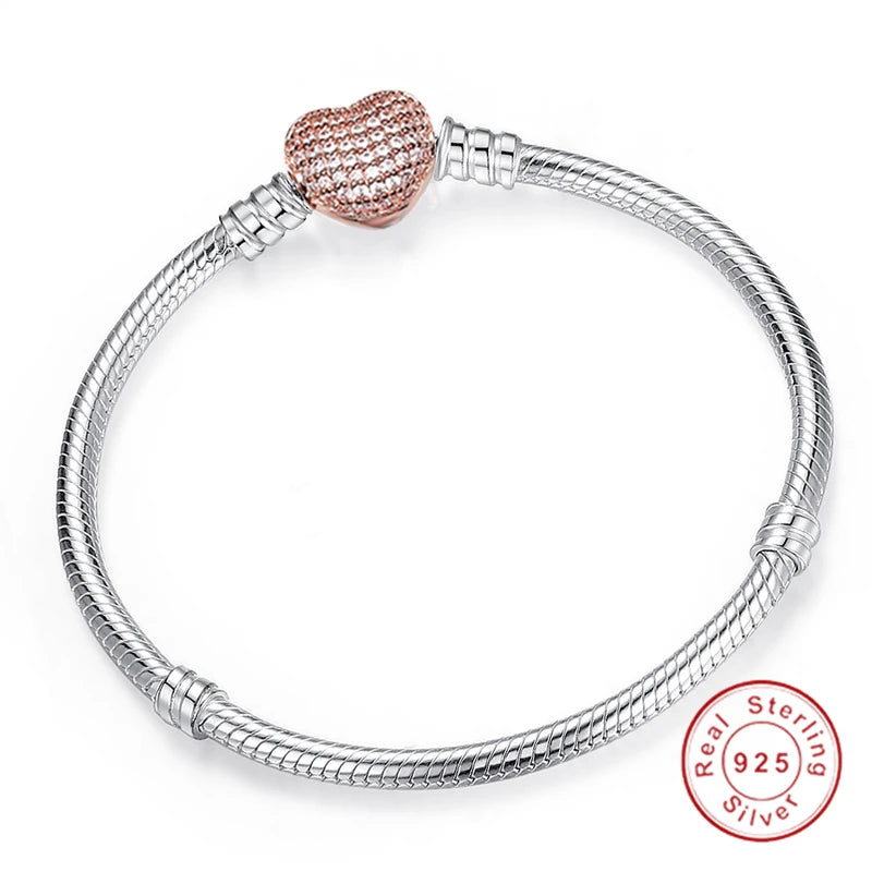 Big Sale Fine DIY Bracelet Bangle for women Silver Color Heart Clasp Snake Chain Fit Bead Bracelet Jewelry