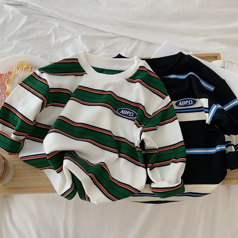2025 autumn Children Clothes Girls Long Sleeves Bottoming Shirts Cool Boys Stripe Cotton T-shirt Teen Loose Casual 2-7y Kids Top