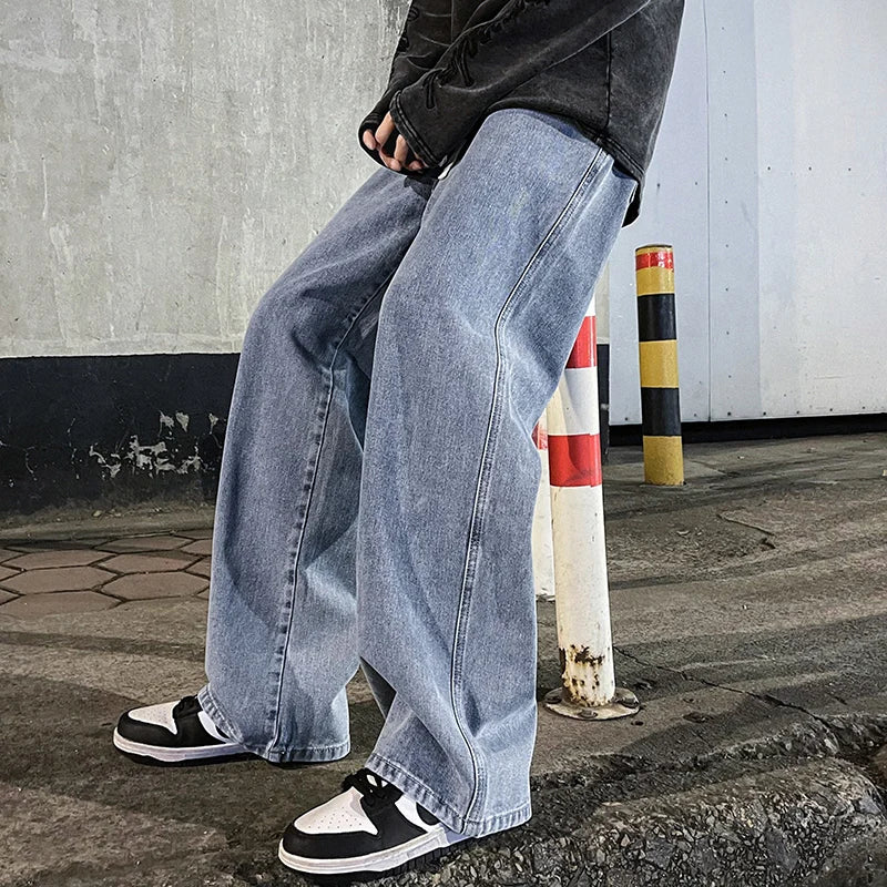 Korean Fashion Men's Baggy Jeans Elastic Waist  Classic olid Color Straight-leg Denim Wide-leg Pants Male Light Blue Grey Black
