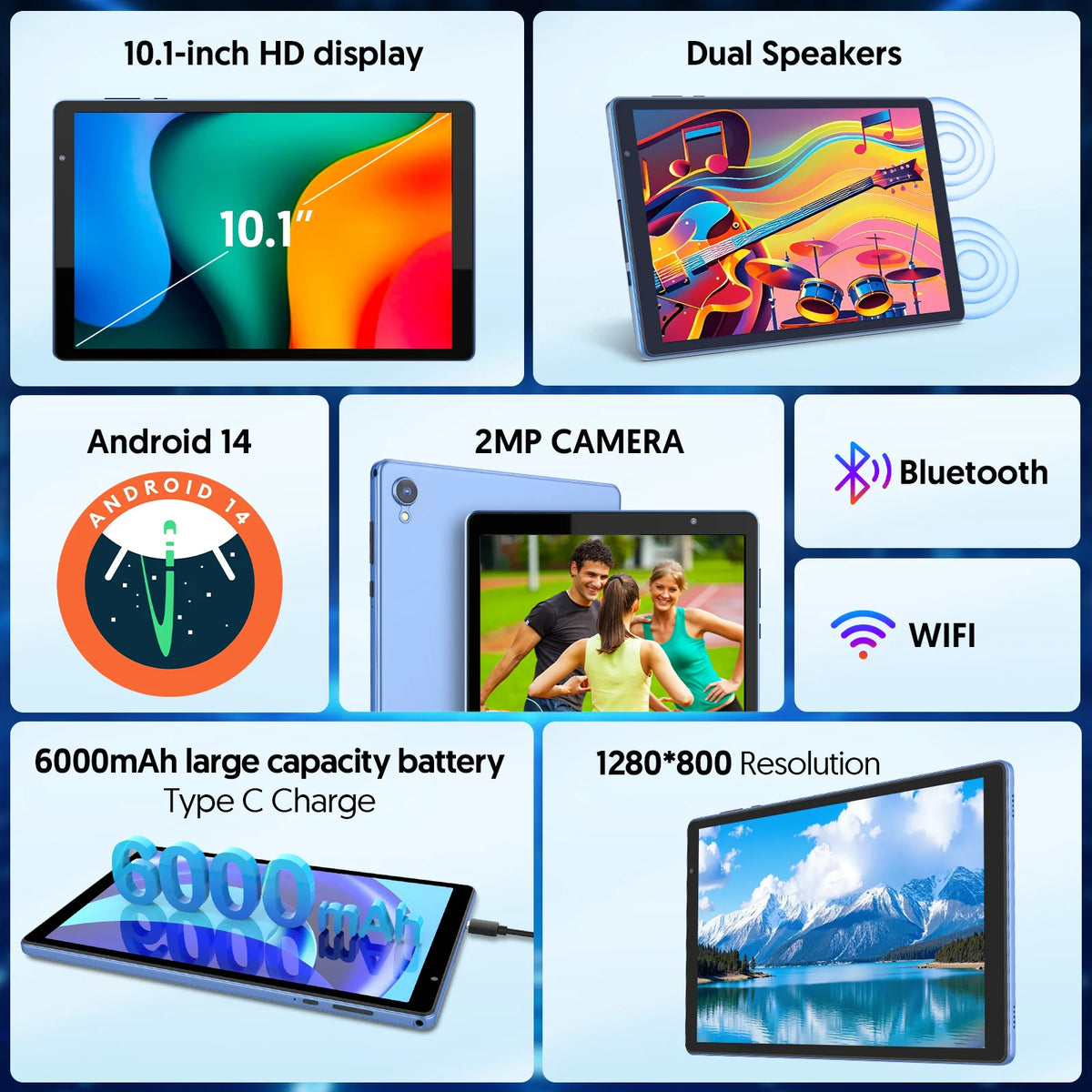 10.1 Inch Android 14 Tablet 4GB RAM (2GB+2GB) 32GB ROM Expandable up to 1TB 1280x800 HD Display 6000mAh Battery A133 Quad-core
