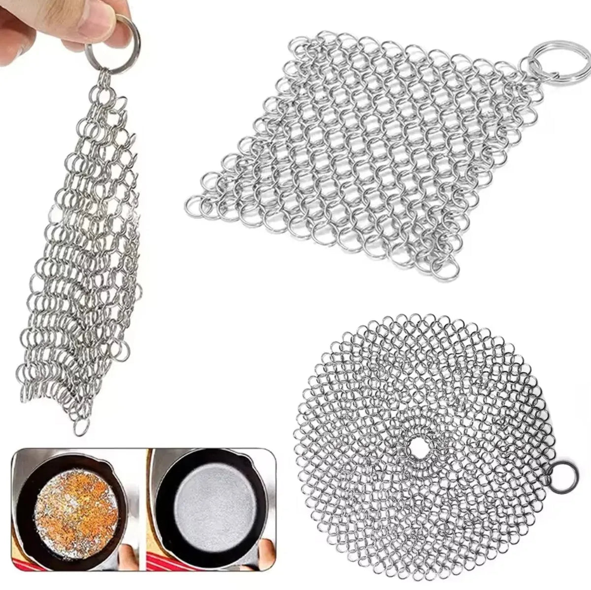 Multi-Size Metal Washing Mesh Cleaner, Durable Stainless Steel Scourer to Remove Rust, Burnt Food from Kitchen Cookware