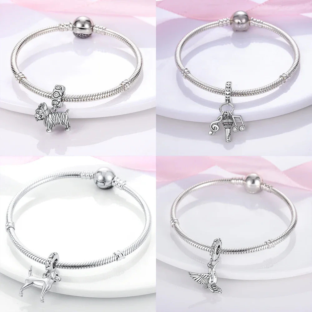Original Inlaid Zircon Charm Beads 925 Silver Color Love Heart Snake Dangle Bead Fit Bangle Bracelet Pendant Jewelry Fine Gift