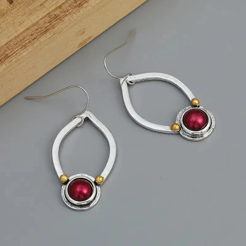 Vintage Red Stone Pendant ladies' Earrings Oval Antique Metal Jewelry