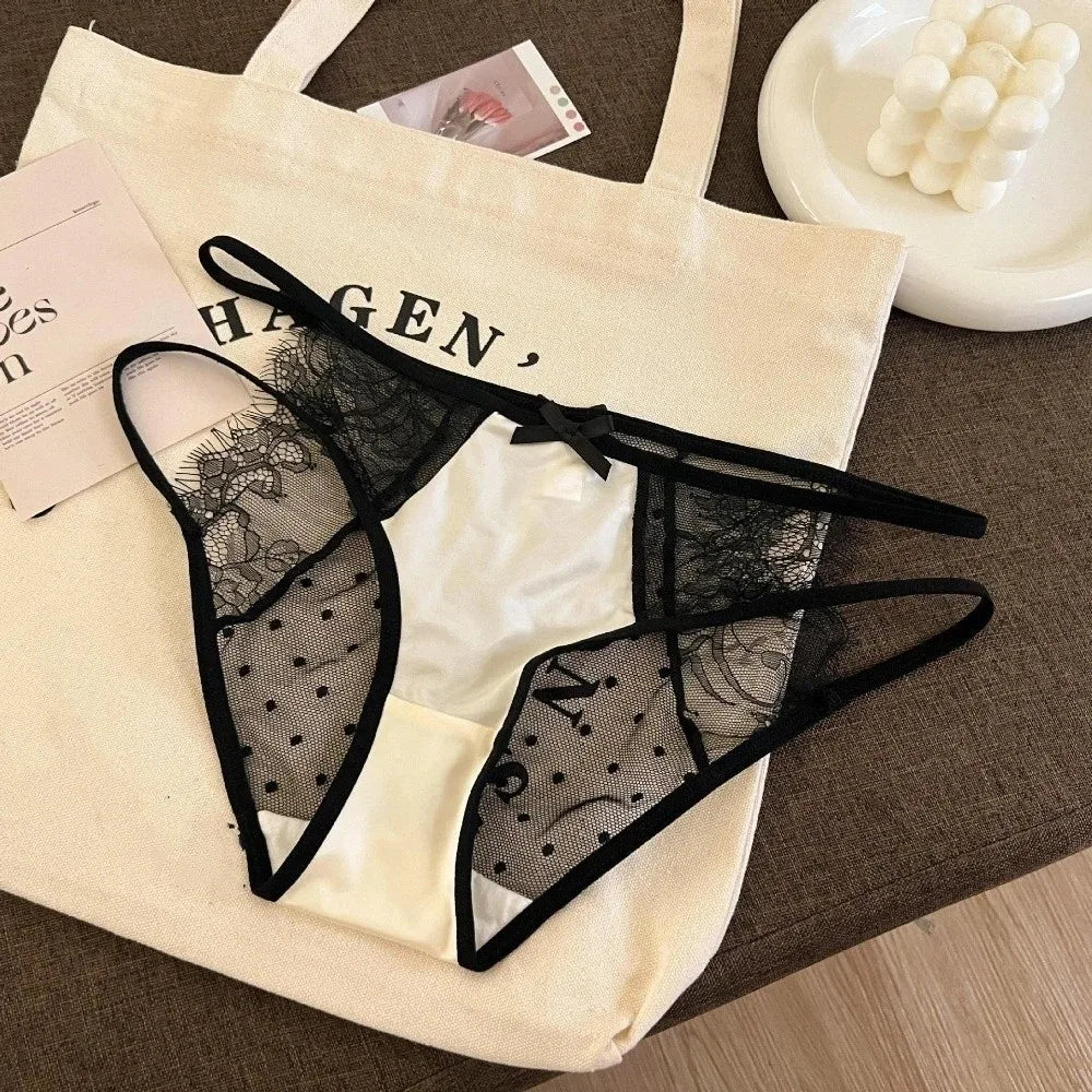 Cute Low Waist Underwear for Women Bow Transparent Sweet Lace Panties Hollow Mesh Satin Silk Briefs Female