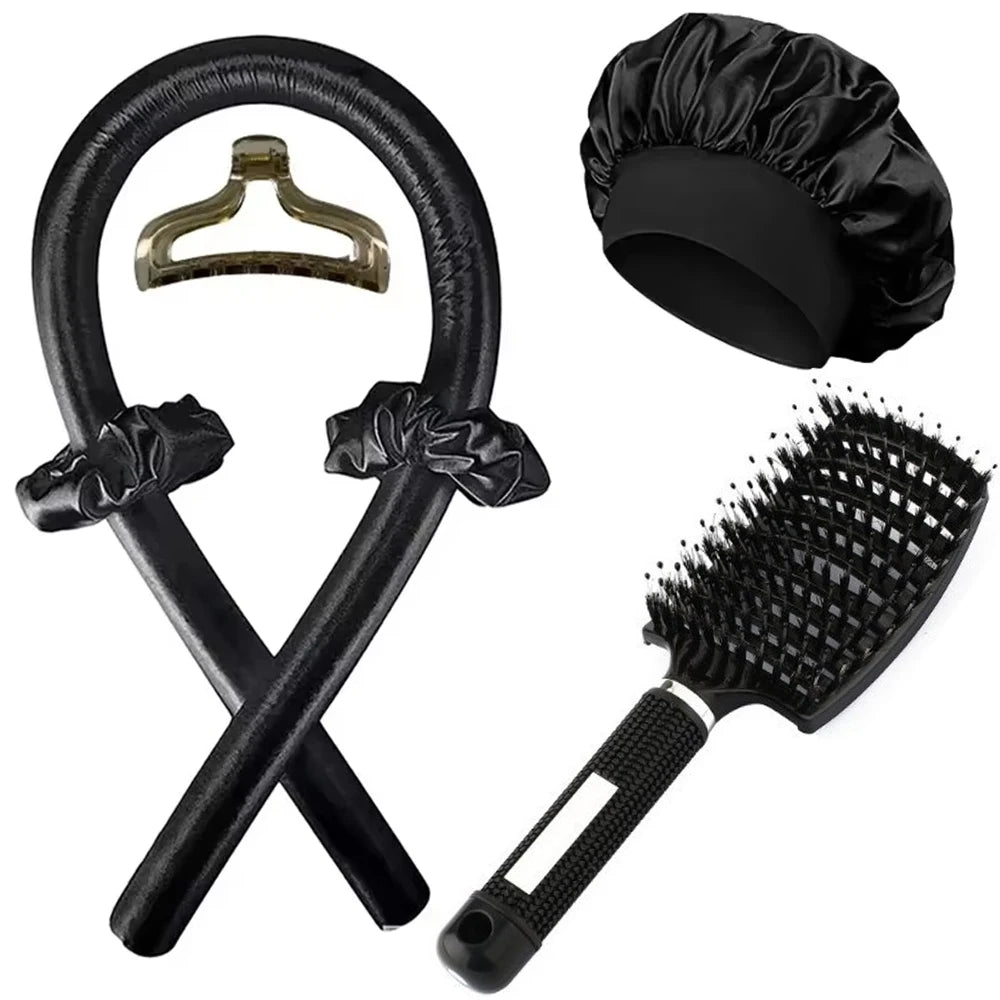 6Pcs No-Heat Hair Curling and Comb Set Satin Bonnet Cushion Hair Brush Overnight Wave Maker Hair Care Kit Styling accessories