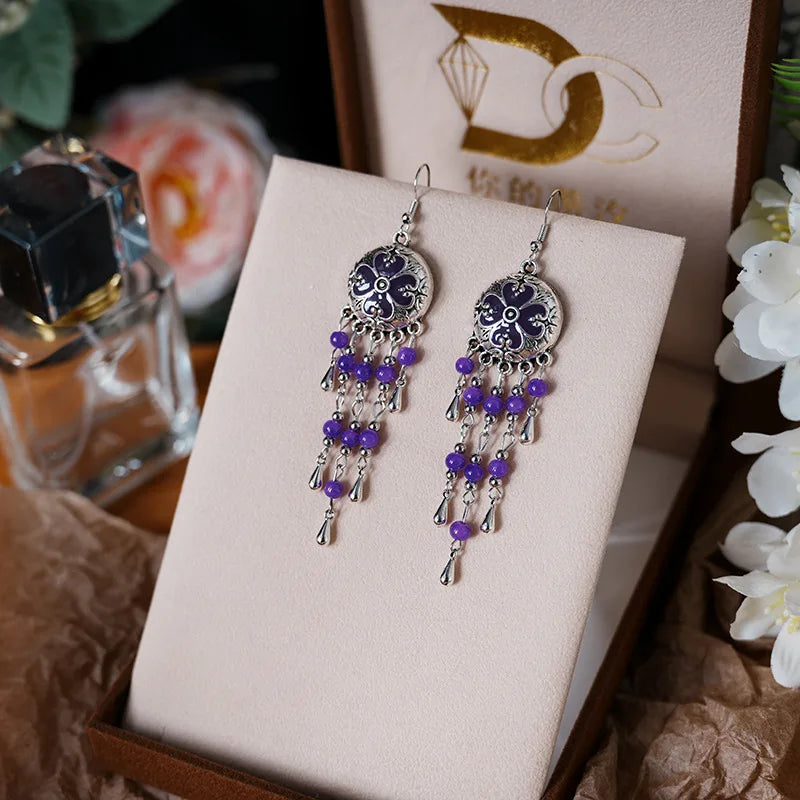 Vintage Ethnic Style Metal Tassel Water Drop Earrings for Women Round Drop Glaze Crystal Beads Handmade Earring Female Jewelry