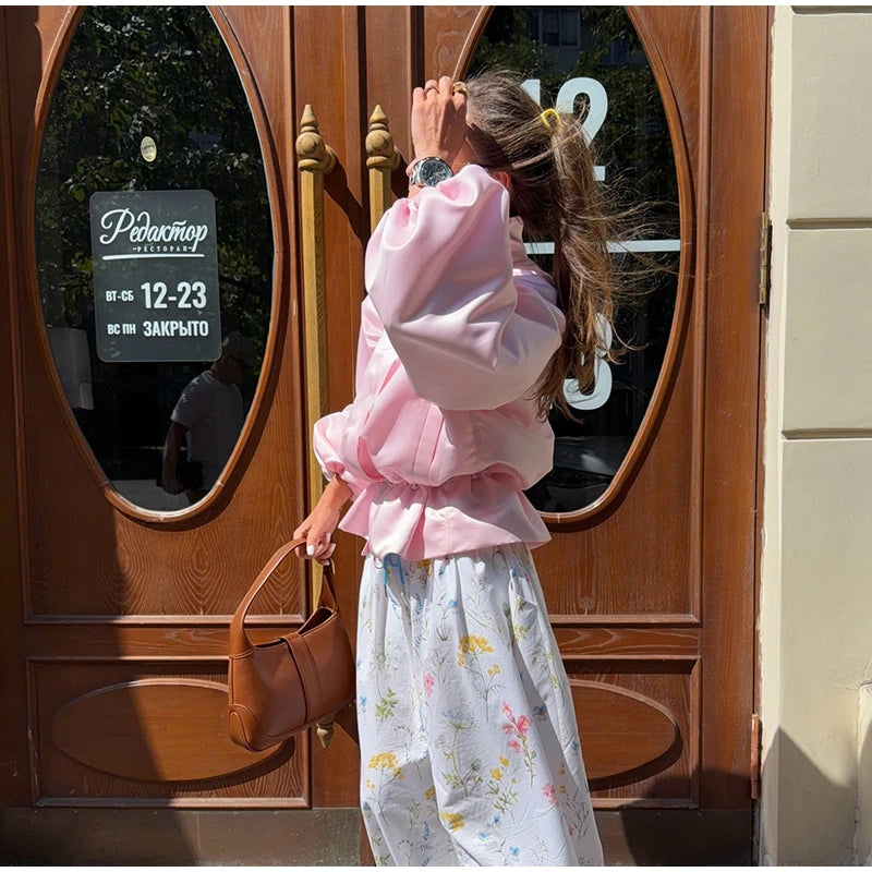 Shiny Fabric Jacket High Stand Collar Oversized Puff Sleeve Drawstring Cropped Hem 2026 Autumn Fashion Daily Lady Sweet Jacket