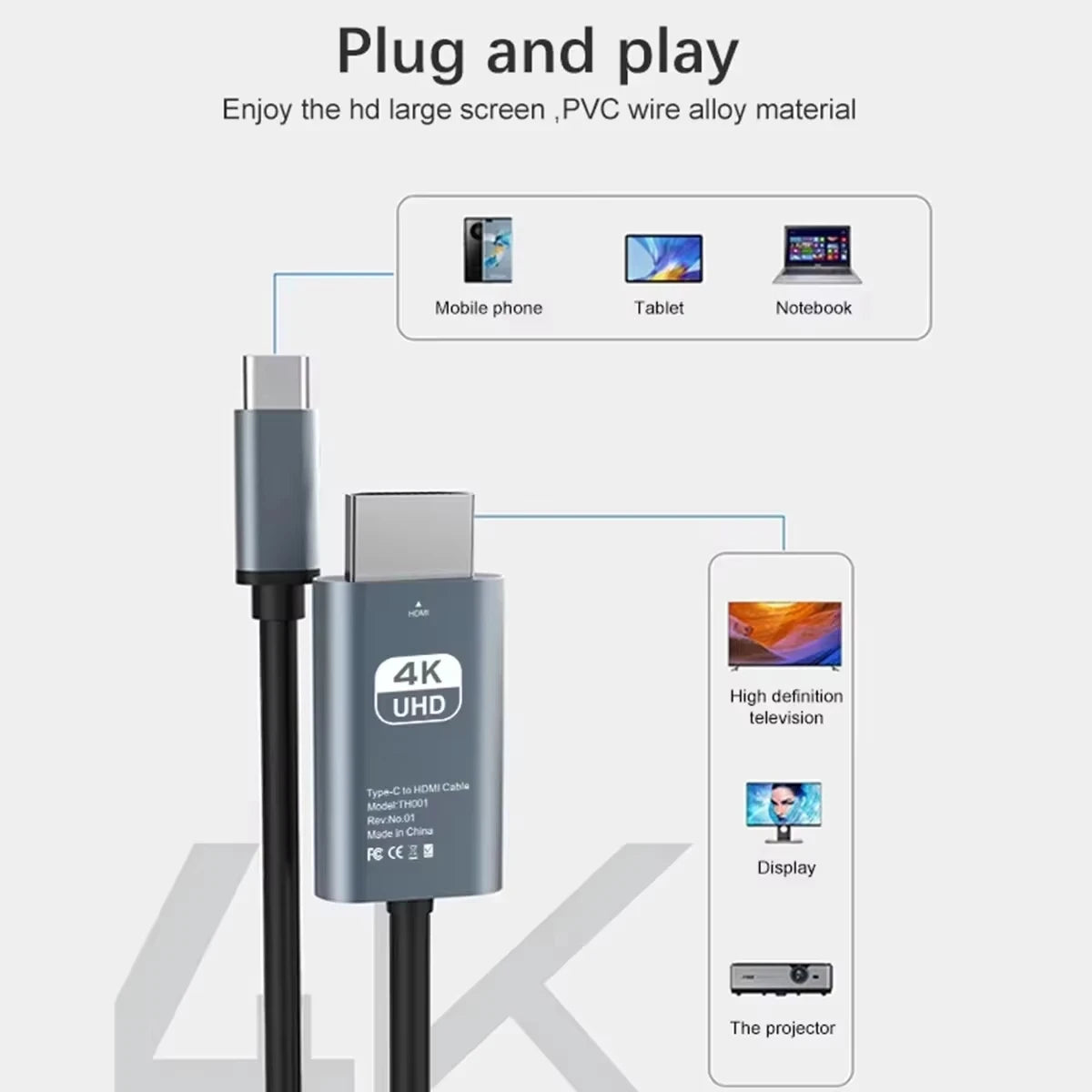 4K 60Hz HD Video Conversion Cable Typec to HDMI Same Screen Cable TV Computer 2 Meters Braided Screen Projection Cable Packaging