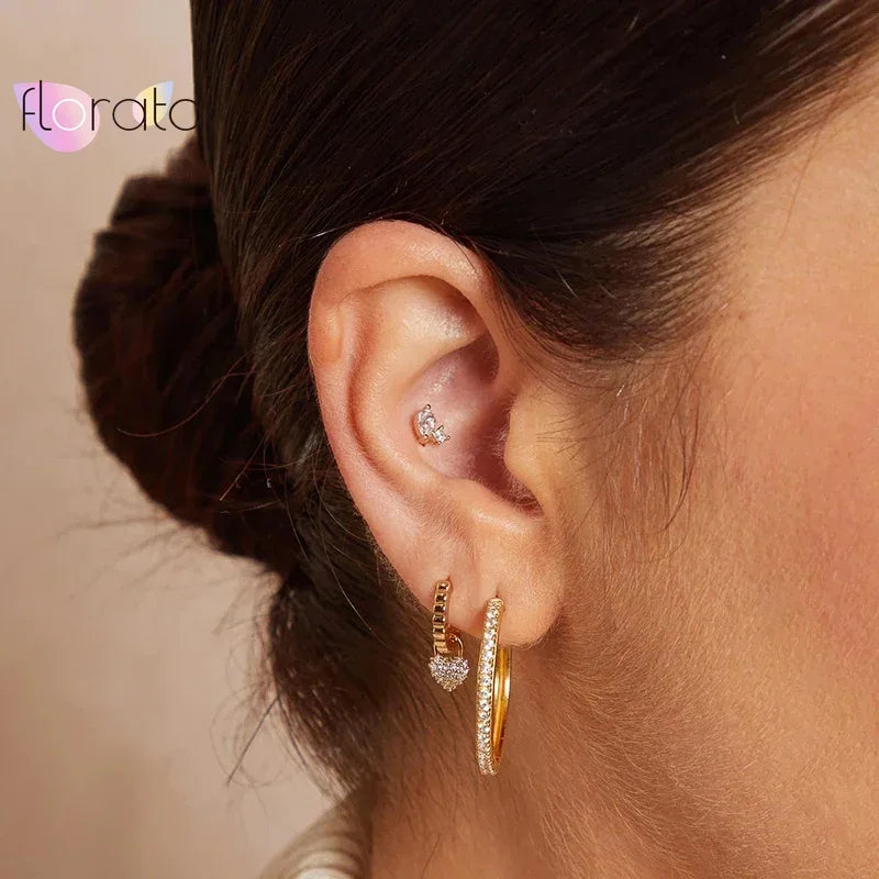 925 Sterling Silver Ear Buckle Retro Metal Heart Pendant Hoop Earrings for Women CZ Huggie Earrings Fashion Females Jewelry