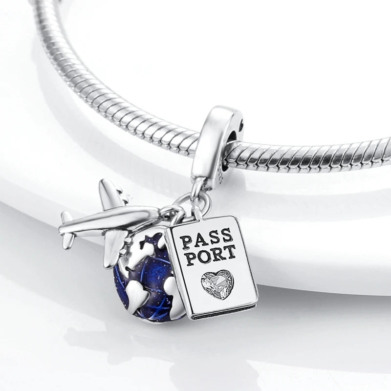 MULA Hot Sale 925 Silver Plane Passport Travel Charm Fit Original Snake Chain Bracelet DIY Jewelry Gift For Women