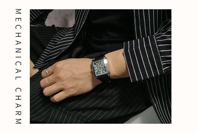 Square Skeleton Mechanical Watches for Man Luxury Business Casual Man Automatic Watch Leather Strap Gift Hand Clock for Men