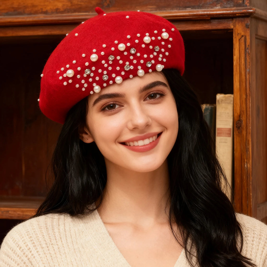 Ladies' Water Diamond Beaded Woolen Autumn and Winter Warm and Fashionable Y2K Beret for Daily Gatherings, Shopping and Outings