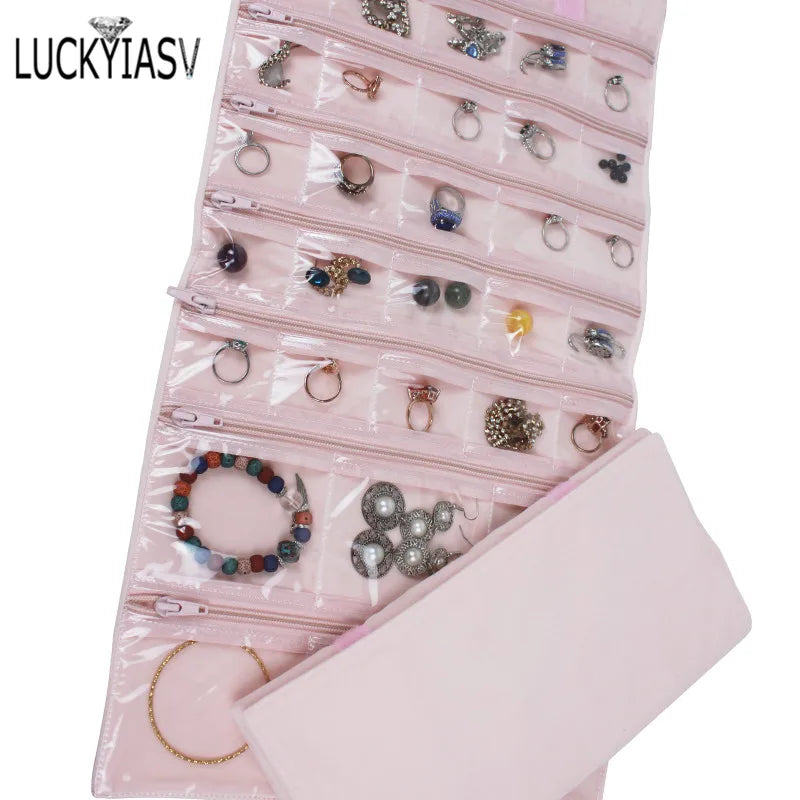 Velvet Travel Zipper Jewelry Roll Bag for Jewellery Ring Earrings Organizer Storage Bag Portable Necklace Display Cases