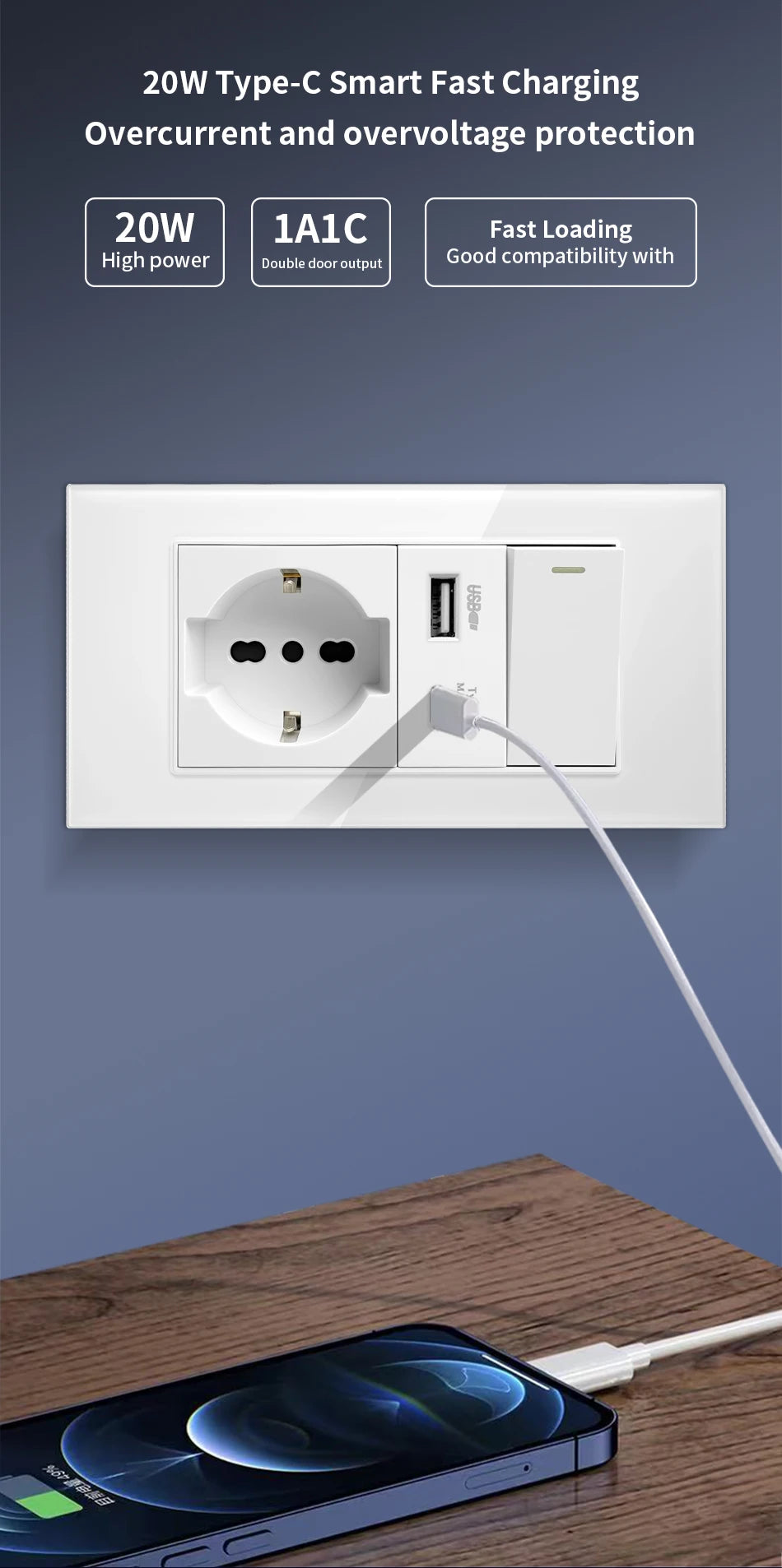 DELEFU Glass SC70 Panel 145mm Black Italian Standard USB C-type Fast Charging Wall Socket Switch TV Telephone CAT5 CAT6