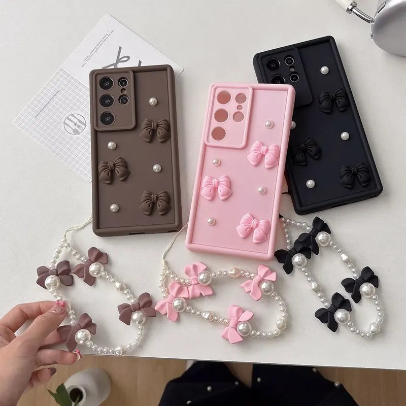Bow Pearl Chain Rope Phone Case For OPPO A5X A5 Pro A60 4G 5G Reno 14 Pro 14F 8T 8Z 7Z 6Z 5Z 4Z 2Z Realme 14T 14 C71 Rope Cover