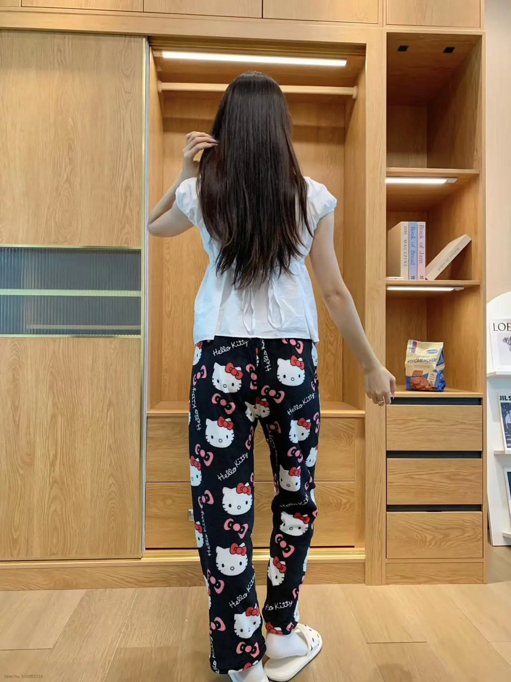 Sanrio Hello Kitty Soft Flannel Wide Leg Pajama Pants Printed Casual Home Loungewear For Women Daily Sleeping Relaxing Wear