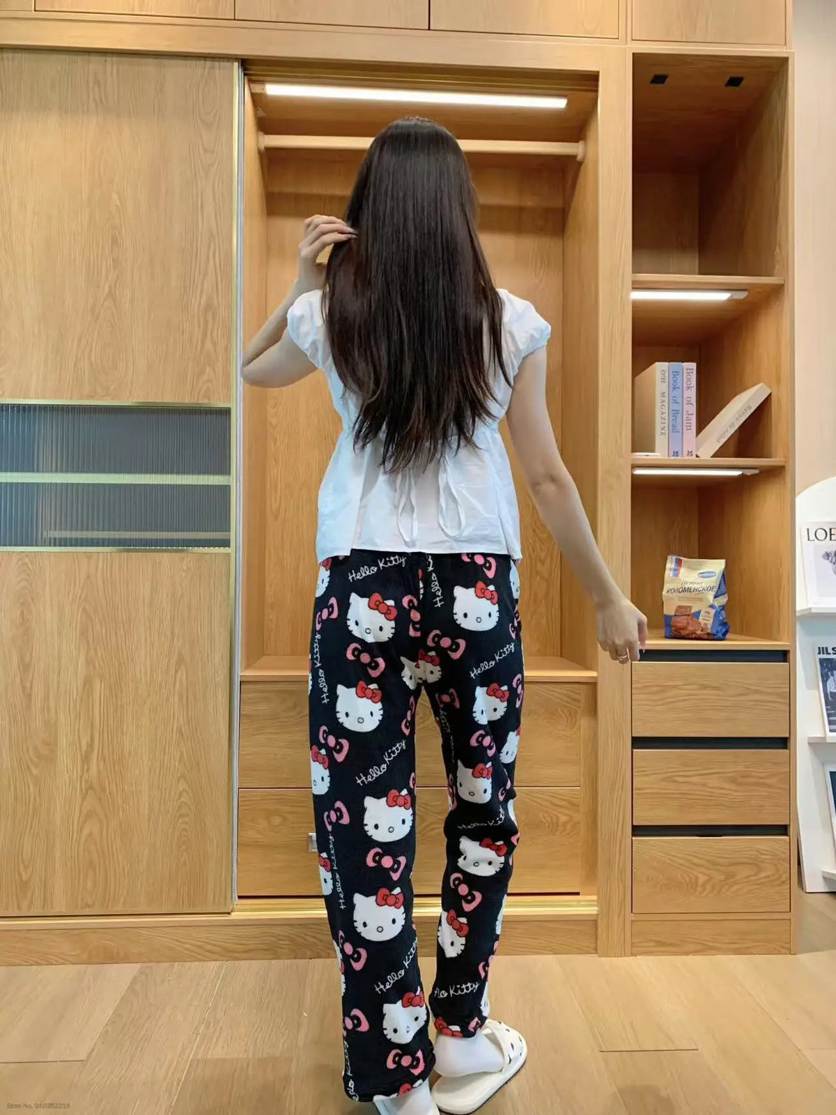 Sanrio Hello Kitty Soft Flannel Wide Leg Pajama Pants Printed Casual Home Loungewear For Women Daily Sleeping Relaxing Wear