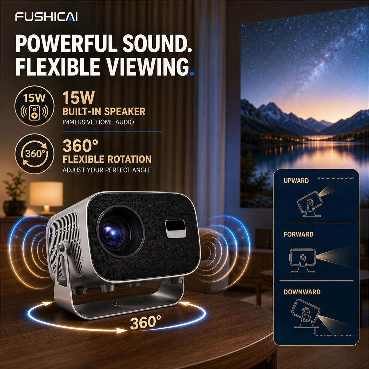 FUSHCAI Outdoor Projector A10 Portable Mini Projector with 360° Rotation 900 ANSI Native 720P 4K Compatible Auto Focus BT 5.4