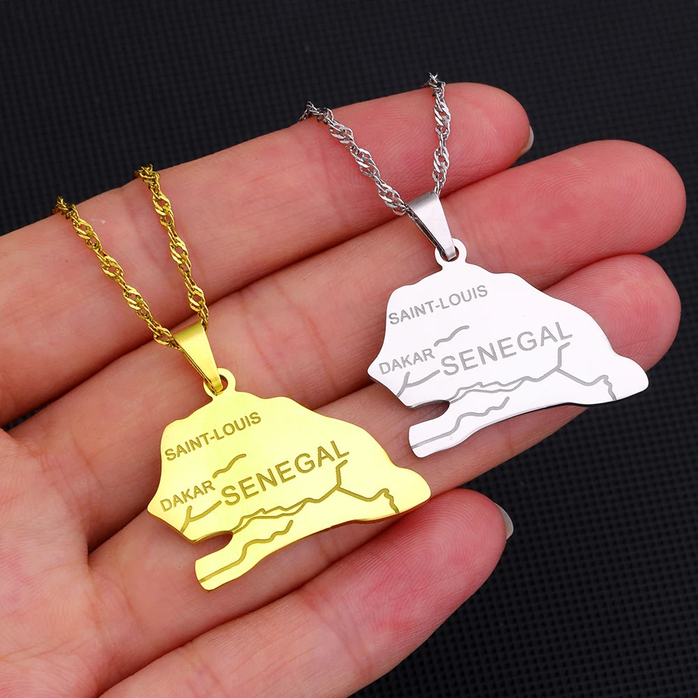African Sénégal Map Flag Pendant Necklace Stainless Steel Men Women Senegal Maps Jewelry Gift