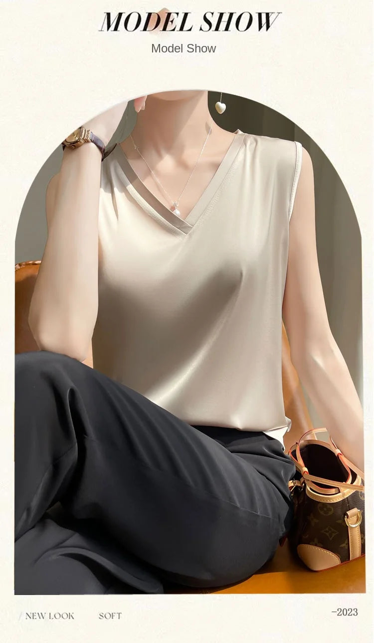V-Neck Silk Vest Women's Summer Short Sleeved Top Acetate Satin Sleeveless Summer Shirt T-Shirt Loose Suspender Base YTM A39