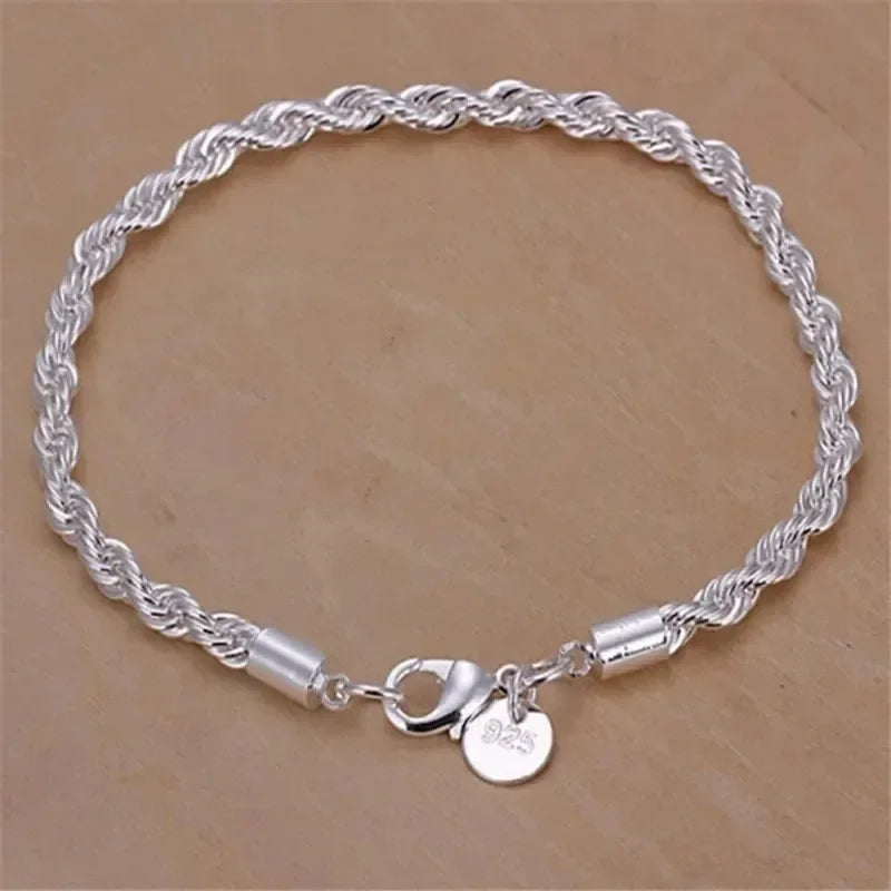 925 Sterling Silver 4MM Twisted Rope Bracelets For Women Men Fashion Minimalist Couple Chain Bracelet Male Unisex Jewelry Gifts