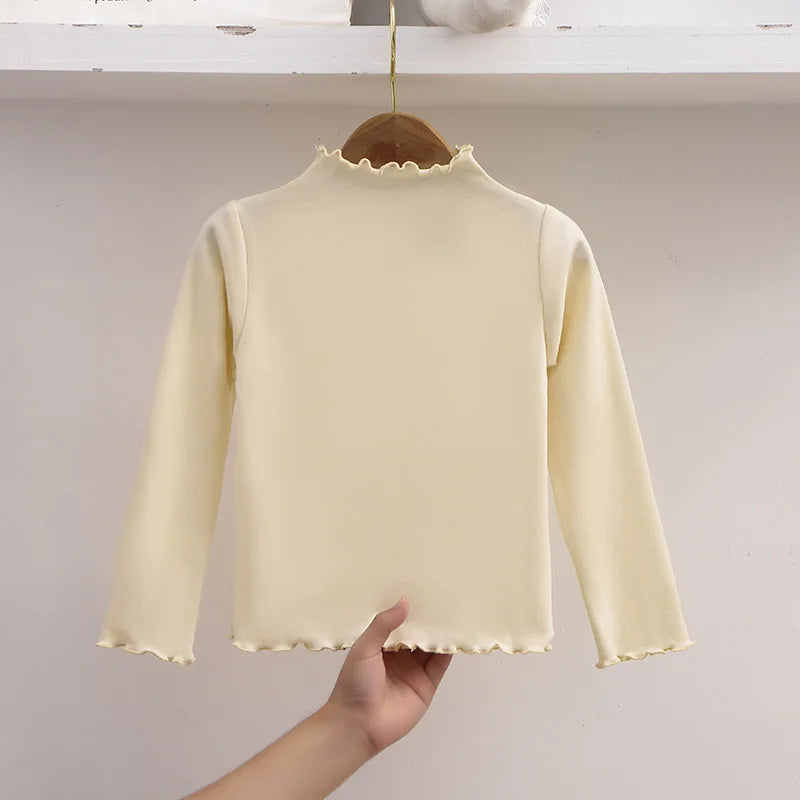 Autumn Kids Long Sleeve T-Shirt Ruffle Trim Solid Color Top For 1-8Y Girls Casual Soft Warm Children Clothing