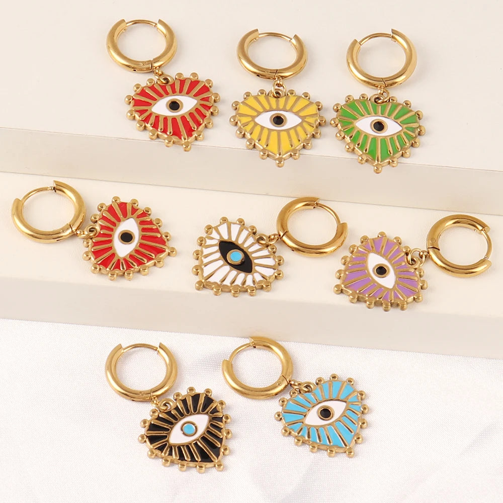 Vintage 316L Stainless Steel Turkish Evil Eye Hoops Earrings Huggie Drop Heart Pendant Earrings For Women Daily Jewelry Gifts