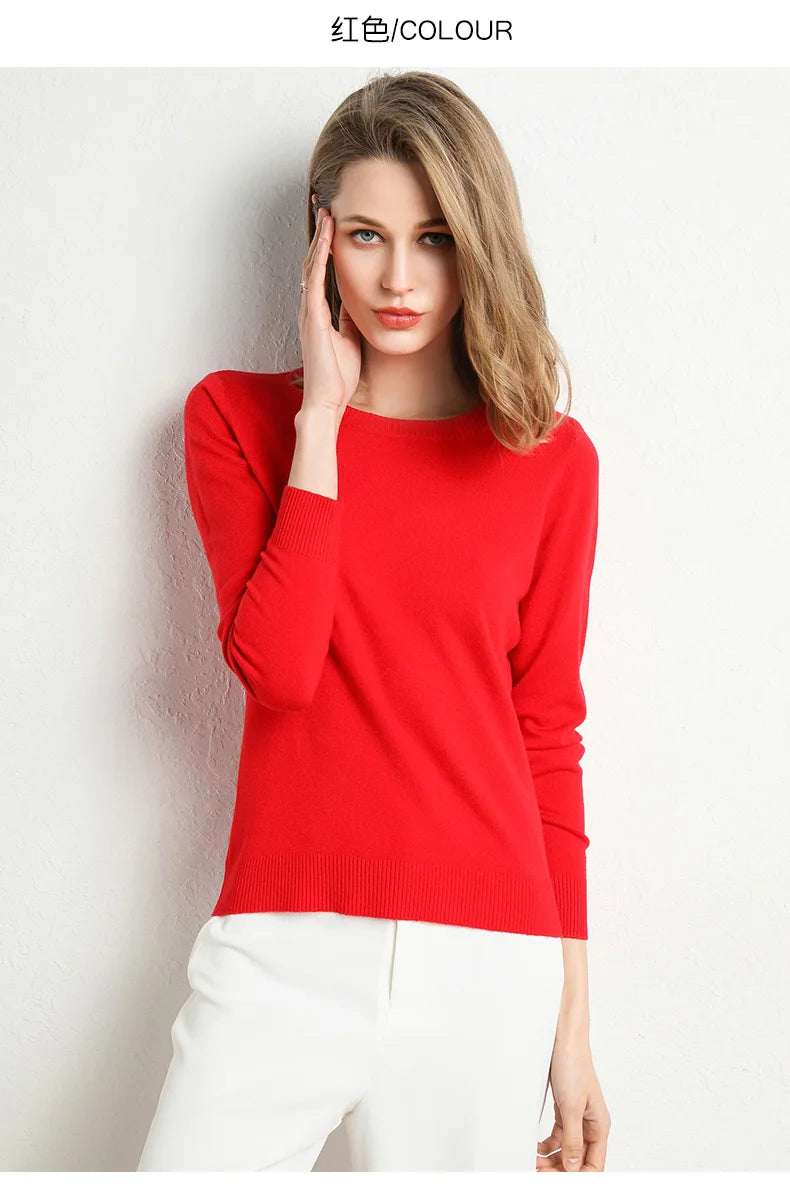 Women Slim O-Neck Solid Pullover Cashmere Wool Blending Sweater Autumn And Winter Long-Sleeved Knit Bottoming Shirt Large Size