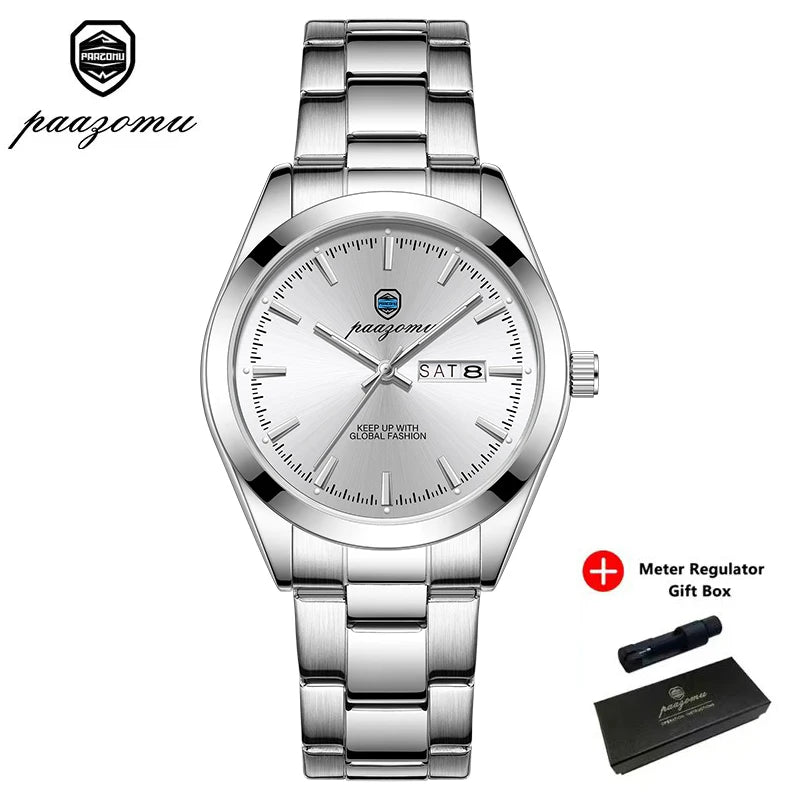 PAAZOMU Fashion Men's Quartz Watch Luminous Hands Date Week Stainless Steel Strap Waterproof Casual Wristwatch Quartz Men Watch