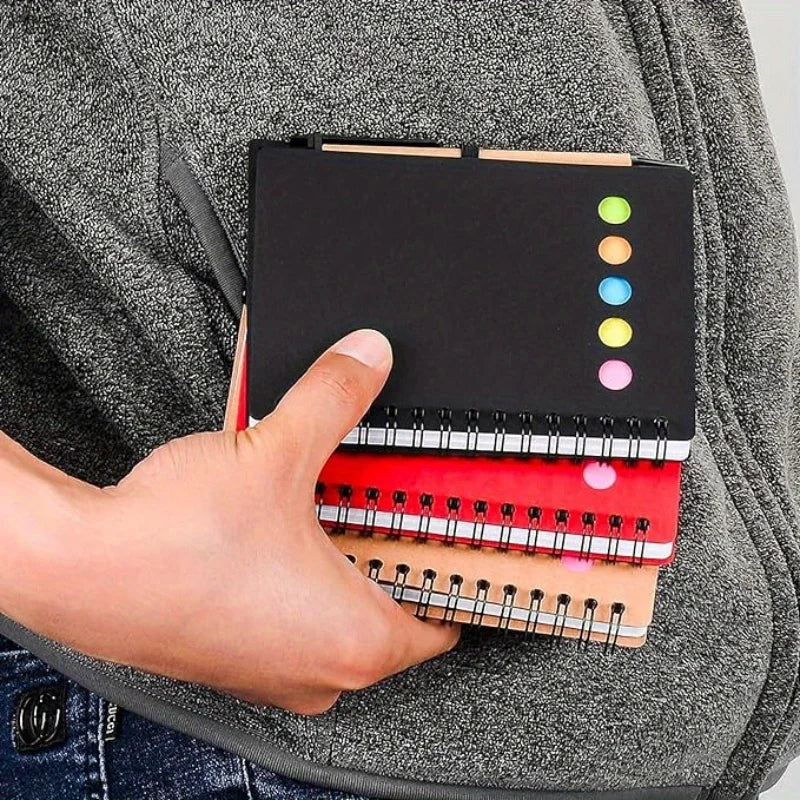 Spiral pocket notebook with pen holder, sticky notes, and colored index tags - Durable brown paper cover notebook  Easy to carry