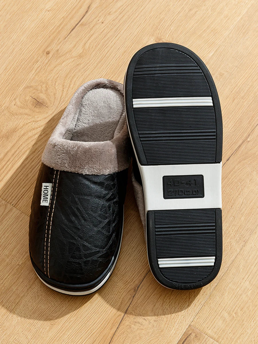 Pu Leather Big Sizes Men slippers Indoor Fur Flat Men's Winter Home Slipper Cotton Bedroom House Shoes