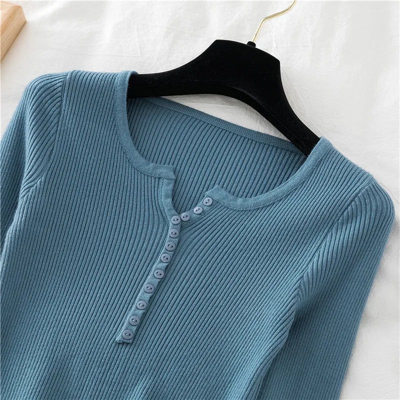 2026 Autumn Winter Button V Neck Sweater Women Basic Slim Pullover Women Sweaters And Pullovers Knit Jumper Soft Warm Tops