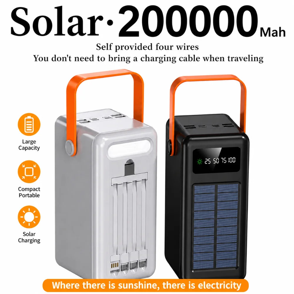 Solar Power Bank 200000mAh 120w Super Fast Charging With Four Wire External Battery Pack With Flashlight For Outdoors