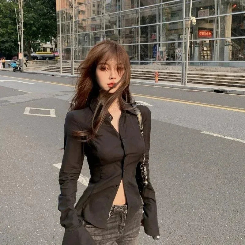 Sexy Slim Flared Sleeve Women's Shirt Solid Lapel Single-breasted Back Bandage Tunic Female Blouses Spring Trend New Lady