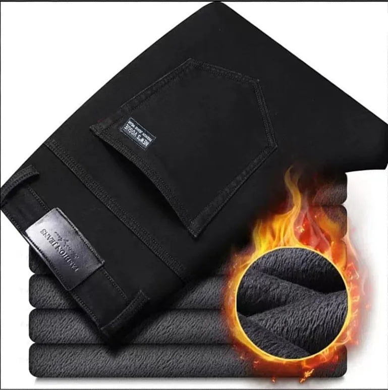 2025 New Winter Men Black Straight Stretch Denim Thick Velvet Pants Warm Jeans Casual Fleece Line Trousers Male Plus Size