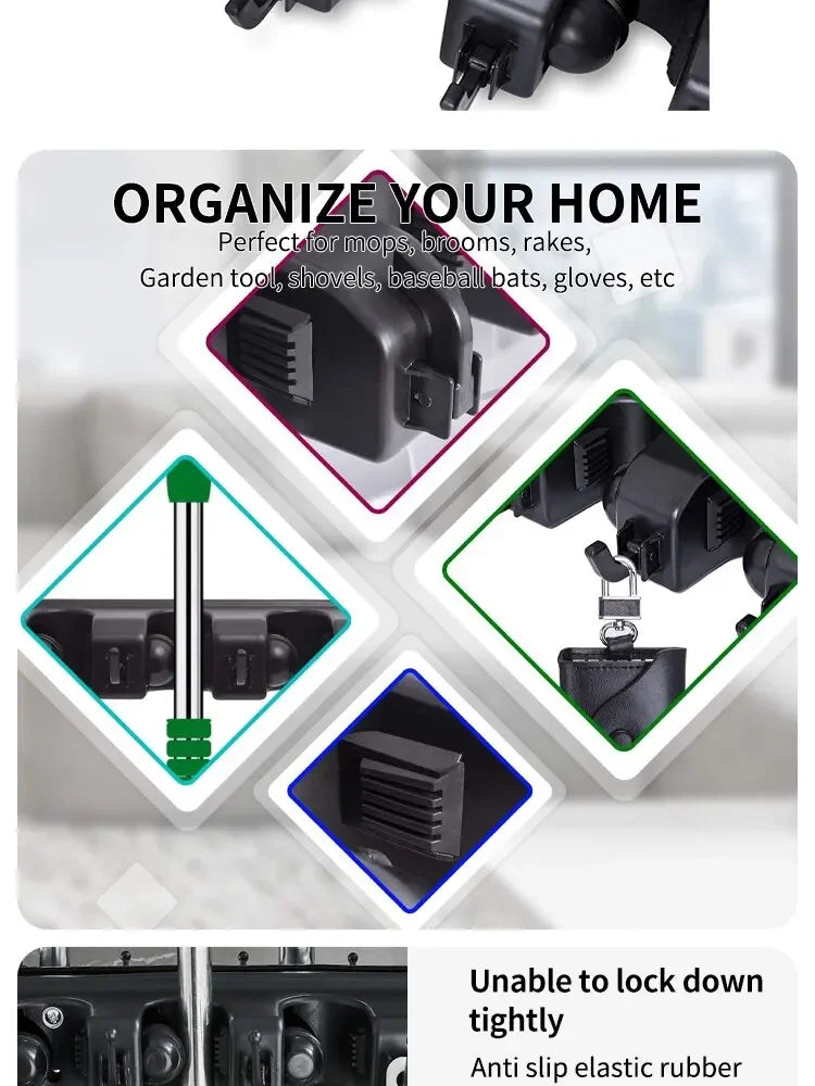 Wall Mounted Mop Holder 3/4/5 Position Multi-Functional Broom Pendant Shelf Home Kitchen Storage Black Magic Plastic Mop Holder