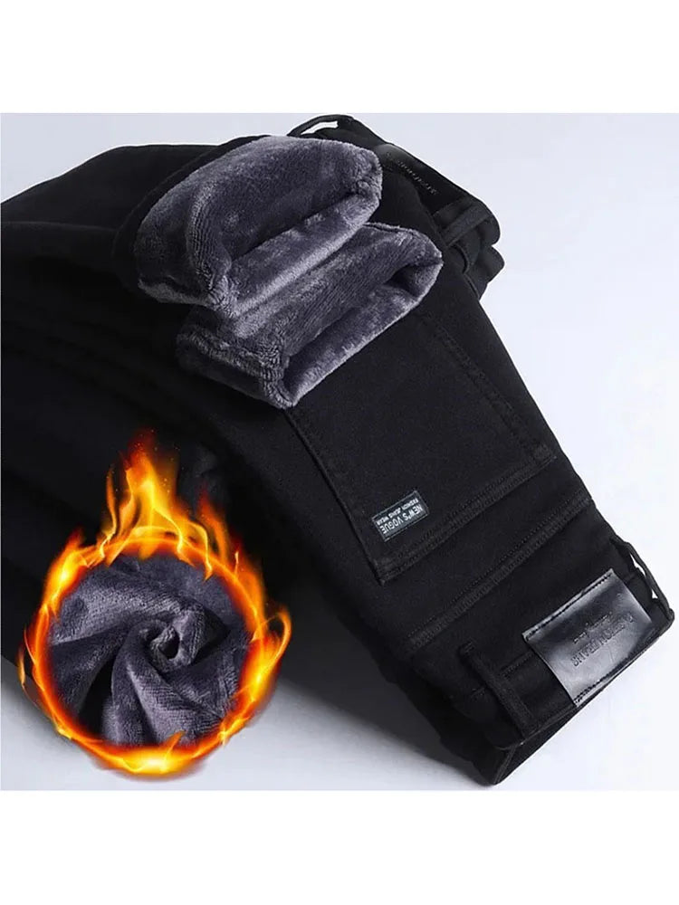 2025 New Winter Men Black Straight Stretch Denim Thick Velvet Pants Warm Jeans Casual Fleece Line Trousers Male Plus Size