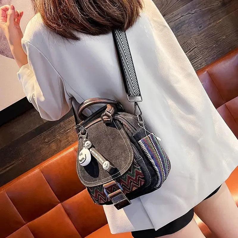 Denim Small Backpack  New Contrast Color Women Bag Retro Ethnic Style Embroidered Multifunctional Bagpack Crossbody Bolsa
