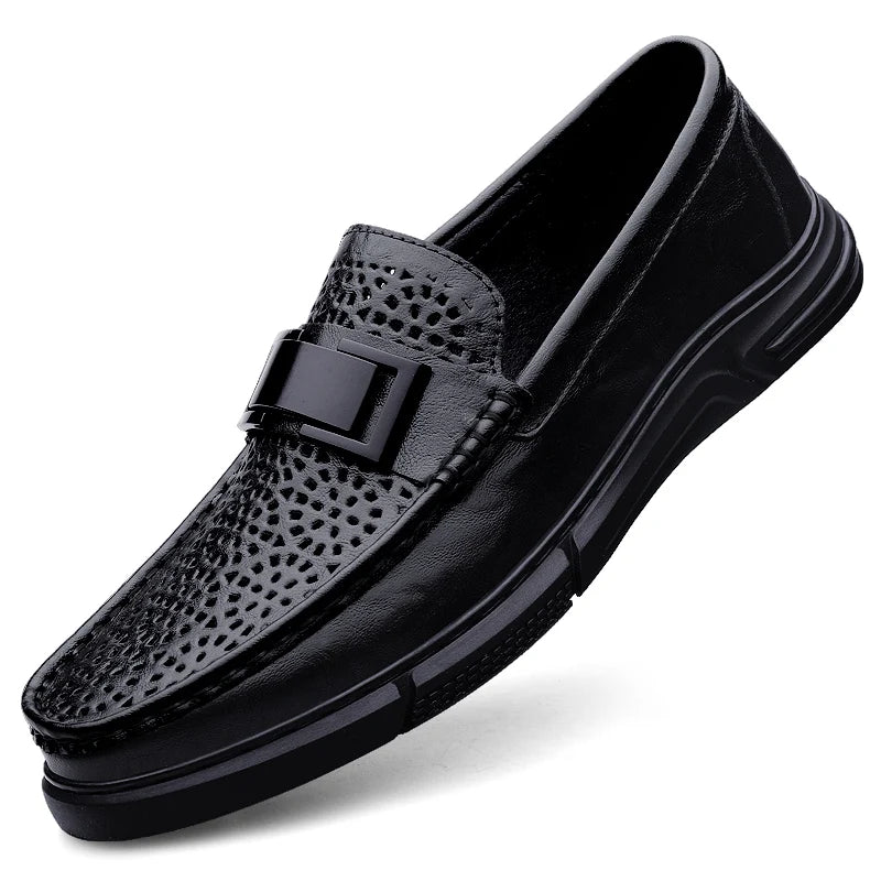 Premium Men's Patent Leather Loafers  Business Shoes Hollowed Out Breathable Men's Genuine Leather Casual Shoes Big Size 47 48
