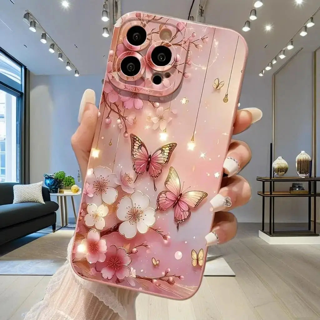 Butterfly & Floral Design Shockproof Phone Case for iPhone 7 8 16 15 16E XR XS X Plus 16 15 14 12 13 11 Pro Max SE2 Matte Cover