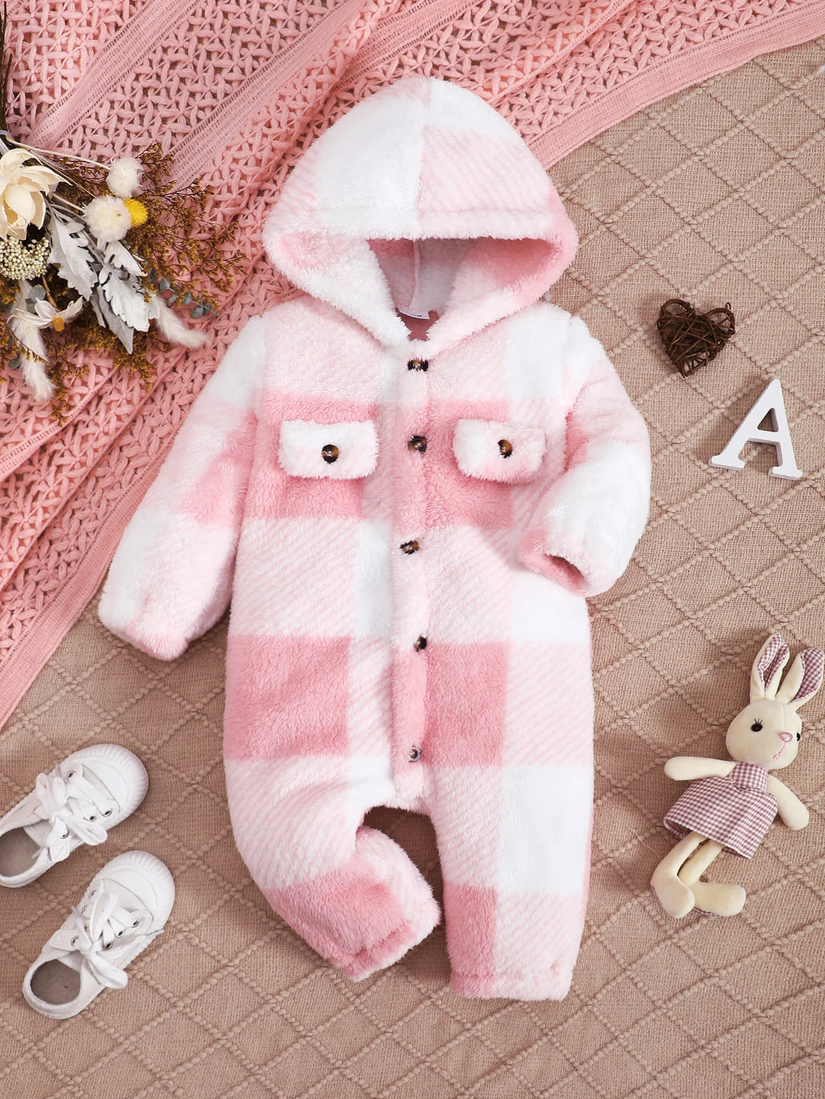 Baby Boys and Girls Plaid Romper Hooded Long Sleeved Plush Jumpsuit Winter Warm Bodysuit Clothes for 3-24 Months Toddler Boy