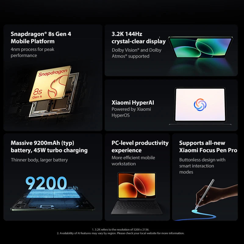 Xiaomi Pad 8 11.2-inch Global Version,Xiaomi HyperOS 3,Snapdragon®8s 4th Generation Chip,9200mAh Battery, 3.2K clear display