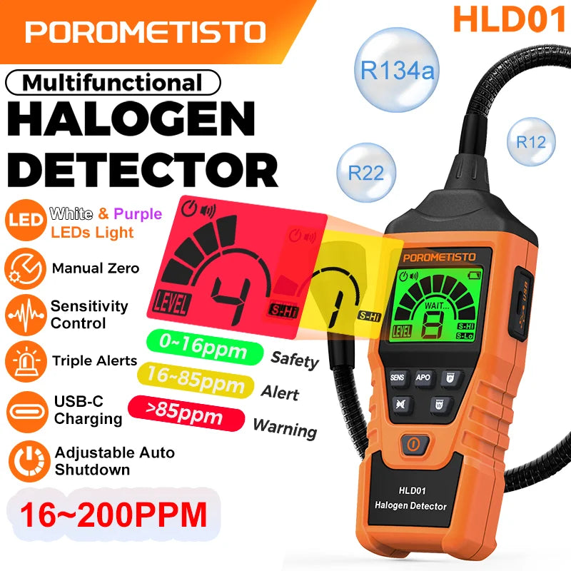 HLD01 Halogen Gas Leak Detector Rechargeable Level/Audio/Visual Alarms LED Light R134a R22 R12 High Sensitivity Gas Sensor Test