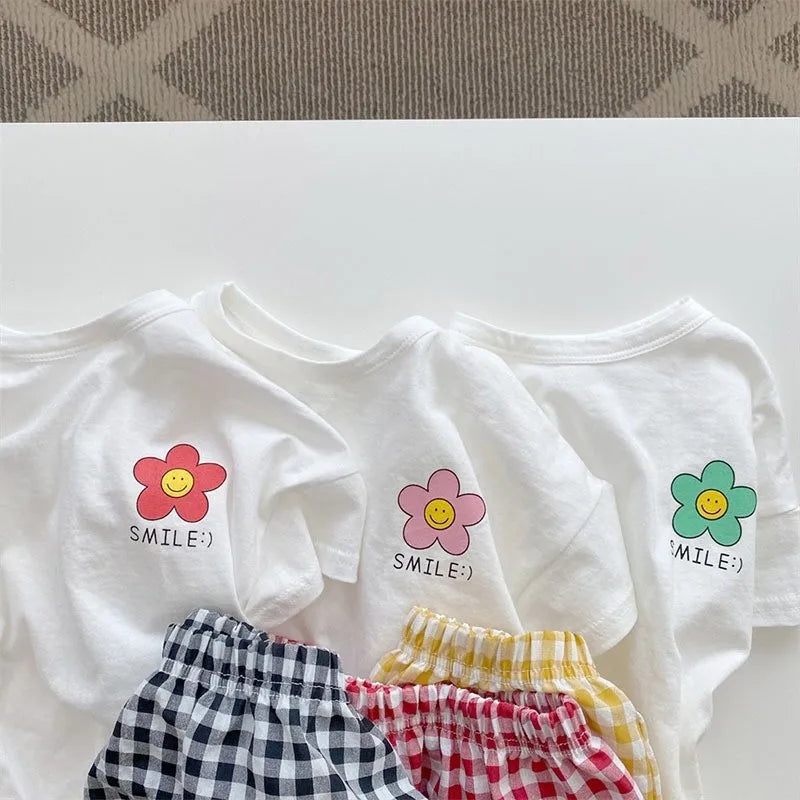 Cute Floral Pattern Baby Girl's Short Sleeve Suit Summer Clothing Children's T-shirts Plaid Shorts Kids 2 Piece Set Girl Clothes