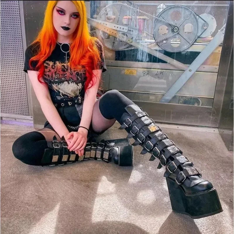 Women Boots Cosplay Ladies High Heel Platform Wedges Women High Boots Gothic Buckle Strap Long Tube Leather Female Boots Plus Si