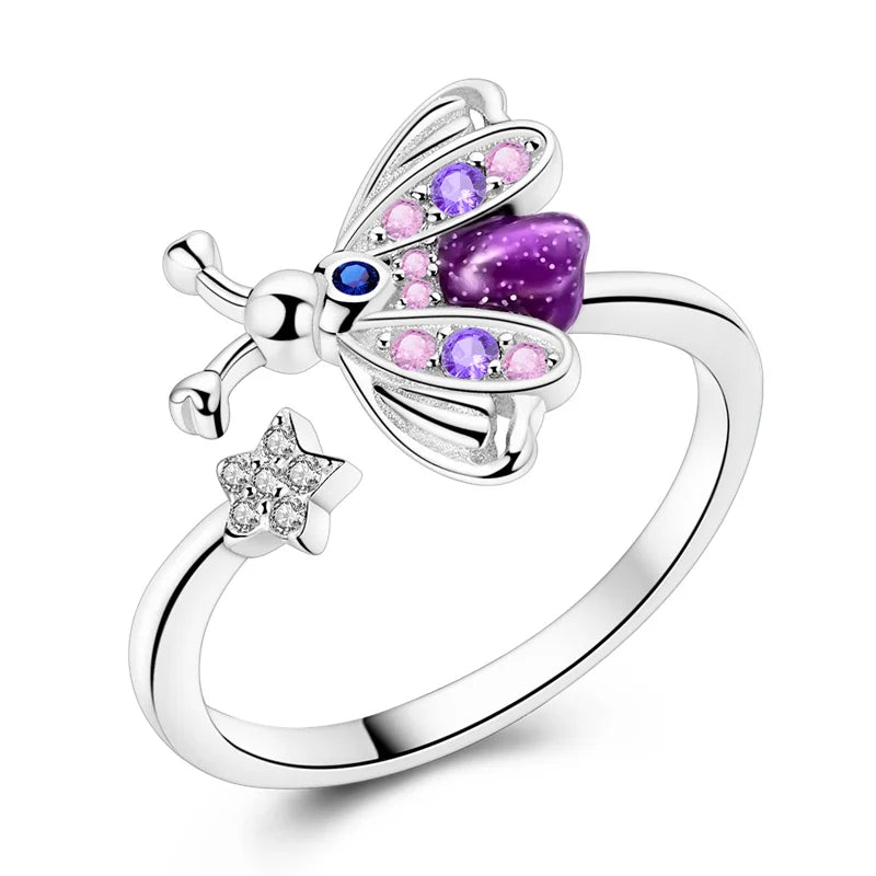 925 Silver Open Ring Sunflower Bee Star Eternal Love Jewelry Women's Wedding Gift
