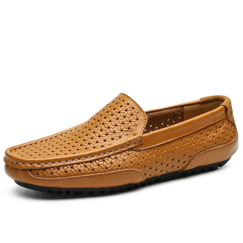 2026 Summer Men Casual Shoes Luxury Brand Genuine Leather Mens Loafers Moccasins Hollow Out Breathable Slip on Driving Shoes