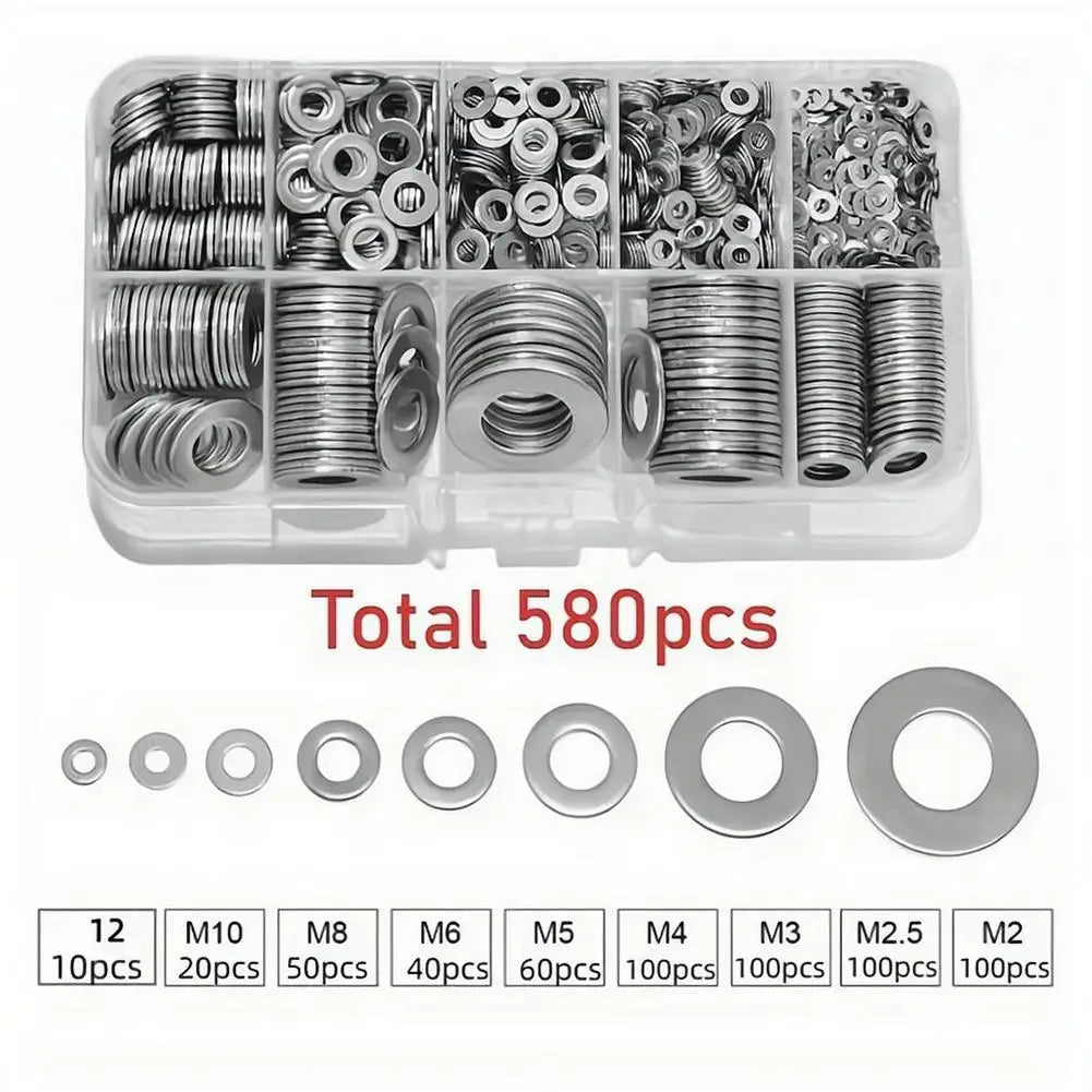 80-580PCS Stainless Steel Flat Washer Assortment Kit (M2, M2.5, M3, M4, M5, M6, M8, M10) for Home Decorations& Factory Repairs