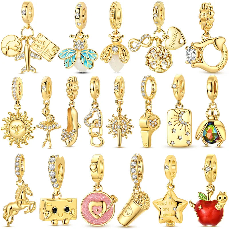 Original 925 Sterling Silver Charm Bead Golden Series Zircon Pendant Fit Original Bracelet Necklace For Women DIY Jewelry Gift